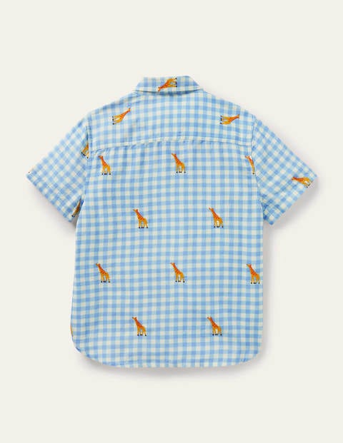 Holiday Cotton Linen Shirt - Gingham Embroidered Giraffe