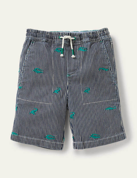 Pull-on Drawstring Shorts - Blue Ticking Croc Embroidery