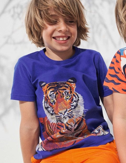 T-Shirt mit Superstitch - Wellenblau, Tiger