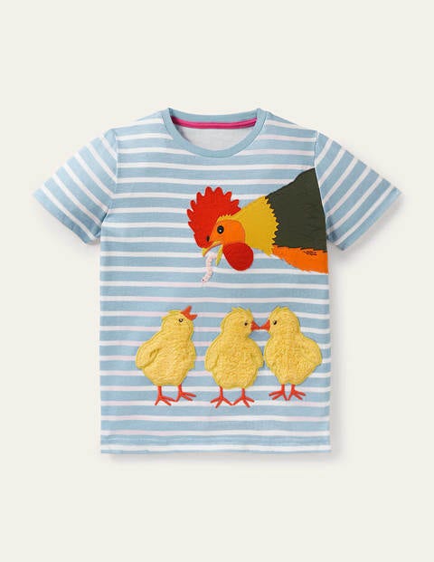 T-Shirt mit Osterapplikation - Helles Glockenblumenblau/Naturweiß, Hühnerfamilie