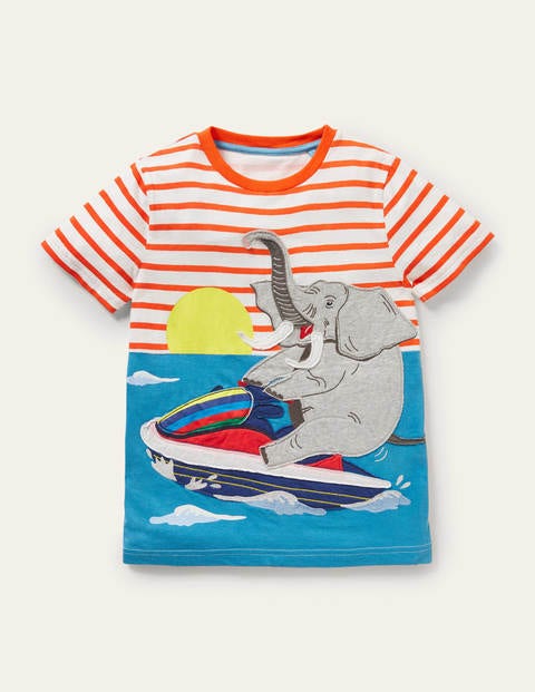 T-shirt rayé à appliqué animal - Éléphant ivoire/orange mandarine