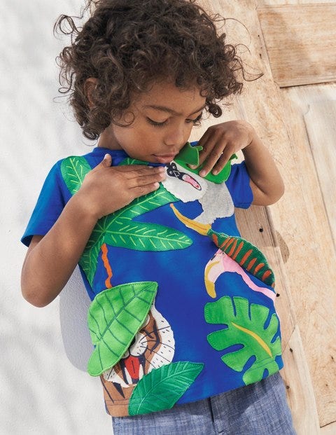 T-Shirt mit tierischem Aufklappmotiv - Glockenblumenblau, Vorwitzige Dschungelbewohner