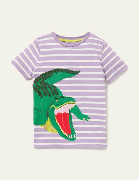 Stripy Animal Appliqué T-shirt - Cool Violet Purple Crocodile