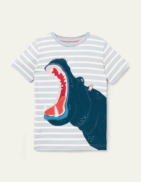 Stripy Animal Appliqué T-shirt - Coastal Blue Hippo