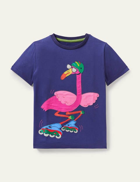 T-shirt à appliqués animaux rigolos - Flamant rose bleu tribord