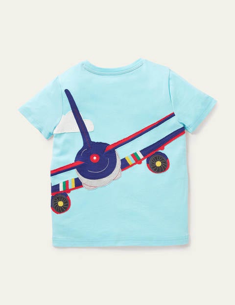 T-Shirt mit Applikationen auf Vorder- und Rückseite - Türkisblau, Flugzeug
