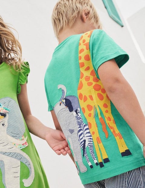 Front & Back Appliqué T-shirt - Green Pepper Safari Animals