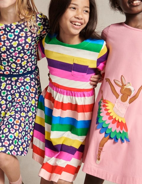 Long Sleeve Fun Jersey Dress - Multi Rainbow Stripe