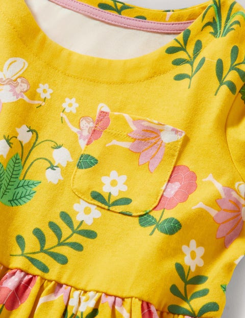 Short Sleeve Fun Jersey Dress - Sweetcorn Yellow Fairies