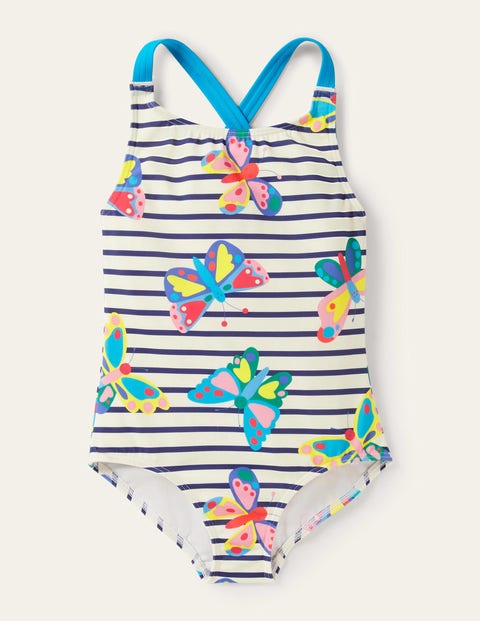 Cross-back Printed Swimsuit - Multi Butterfly Breton
