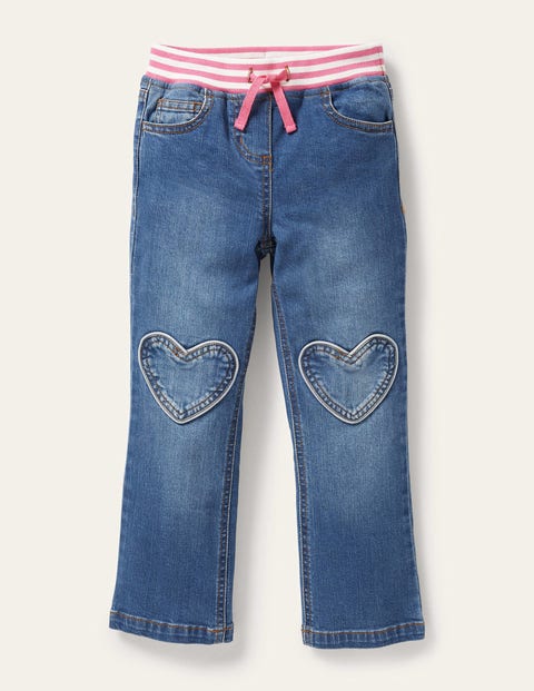 Jeans mit Herzaufnähern - Mittleres Vintageblau, Denim