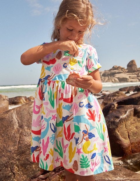 Short Sleeve Fun Jersey Dress - Ivory Mermaids