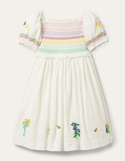 Floral Smocked Dress - Ivory Embroidered