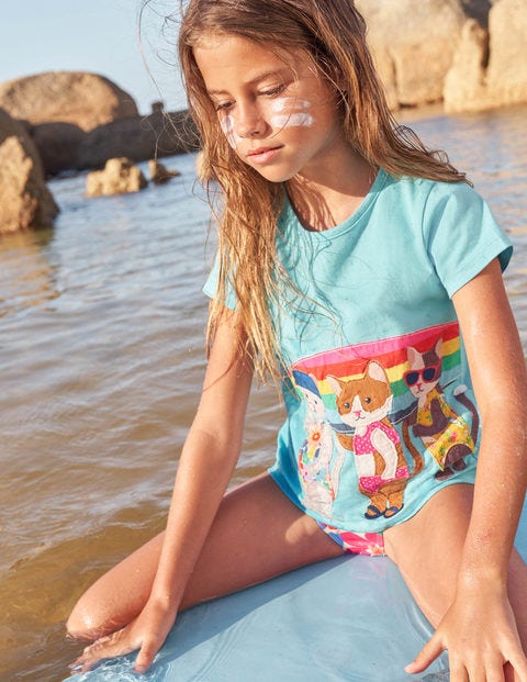 Short-sleeved Appliqué T-shirt - Turquoise Surfing Cats