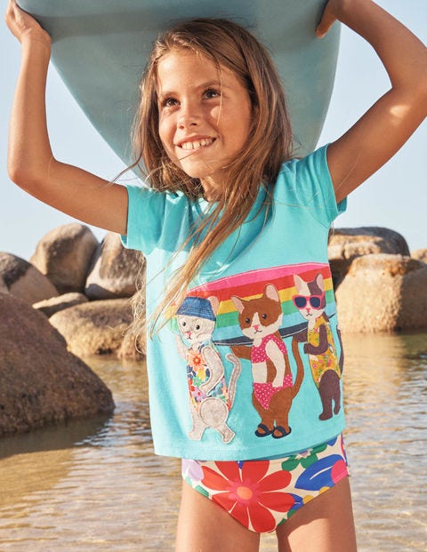 Short-sleeved Appliqué T-shirt - Turquoise Surfing Cats