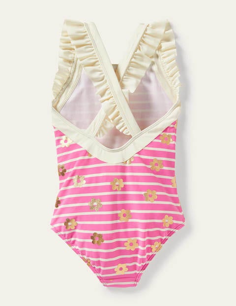 Frilly Cross-back Swimsuit - Strawberry Pink Foil Daisy