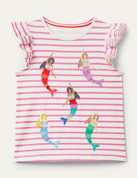 Rüschen-T-Shirt mit interessantem Motiv - Erdbeereisrosa, Meerjungfrauen