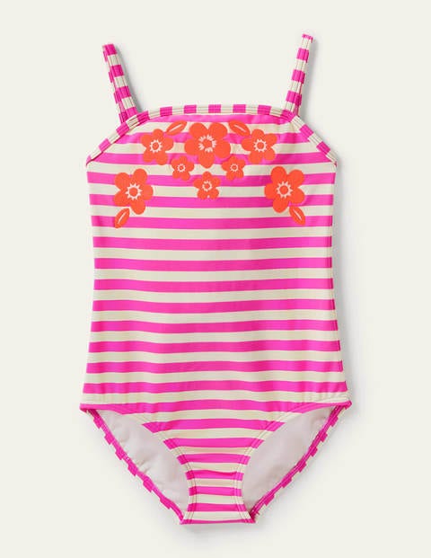 Embroidered Swimsuit - Pop Pansy Pink Stripe