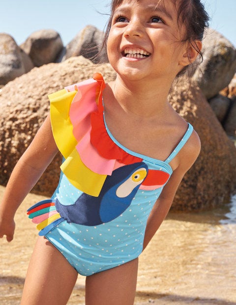 Badeanzug mit einer Schulter und Applikation - Türkisblau, Tukan