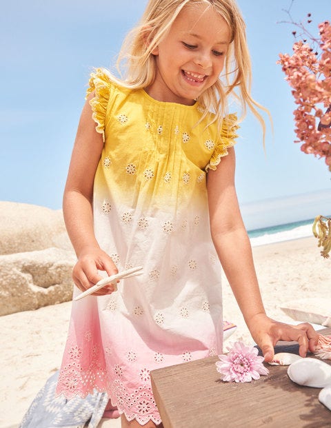 Tie Dye Broderie Dress - Daffodil Yellow/Pink Ombre