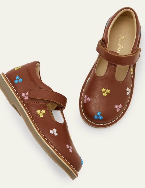 Leather T-bar Flats - Tan Embroidered