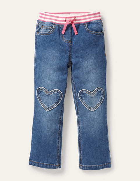 Jeans mit Herzaufnähern - Mittleres Vintageblau, Denim Jeans mit Herzaufnähern - Mittleres Vintageblau, Denim