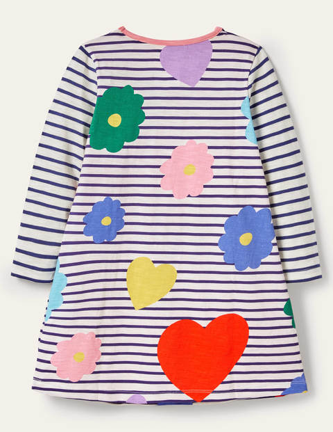 Fröhliches Jerseykleid mit Taschen - Naturweiß/Blau, Regenbogenfarbene Blumen Fröhliches Jerseykleid mit Taschen - Naturweiß/Blau, Regenbogenfarbene Blumen