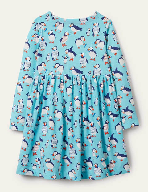 Fröhliches Jerseykleid mit langen Ärmeln - Wasserblau, Papageitaucher Fröhliches Jerseykleid mit langen Ärmeln - Wasserblau, Papageitaucher