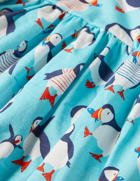 Fröhliches Jerseykleid mit langen Ärmeln - Wasserblau, Papageitaucher Fröhliches Jerseykleid mit langen Ärmeln - Wasserblau, Papageitaucher