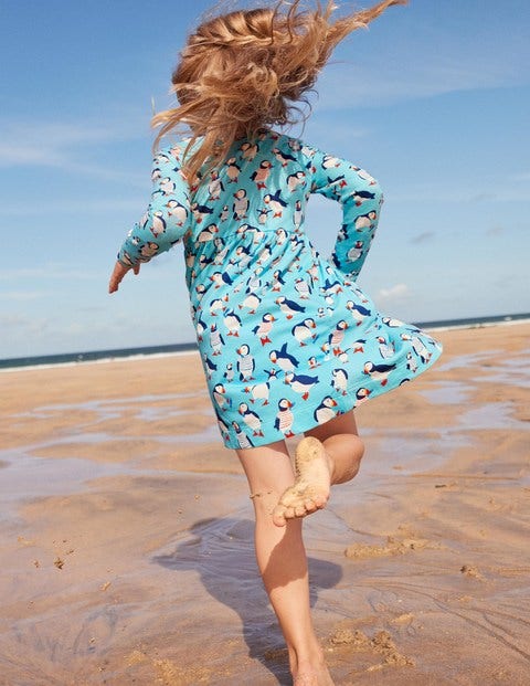 Long Sleeve Fun Jersey Dress - Aqua Blue Puffins