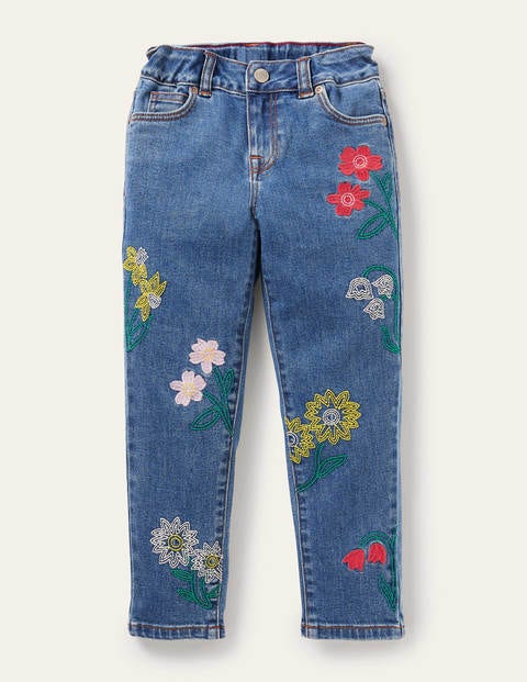 Girlfriend-Jeans - Helles Vintage-Denim, Blumen