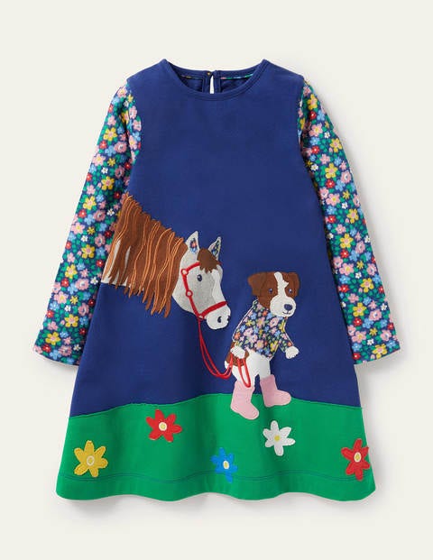 Long Sleeve Appliqué Dress - Starboard Blue Horse Long Sleeve Appliqué Dress - Starboard Blue Horse