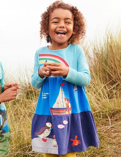 Stufenkleid mit Applikation - Wasserblau, Meeresszene Stufenkleid mit Applikation - Wasserblau, Meeresszene