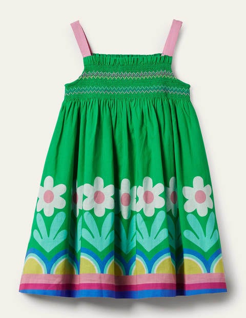 Smocked Sun Dress - Green Pepper Flower Hem Smocked Sun Dress - Green Pepper Flower Hem