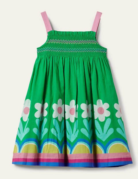 Smocked Sun Dress - Green Pepper Flower Hem Smocked Sun Dress - Green Pepper Flower Hem