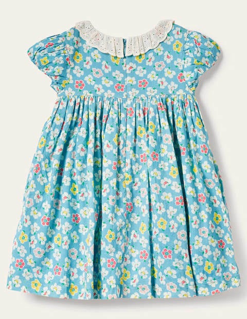 Puff Sleeved Collared Dress - Aqua Blue Clematis