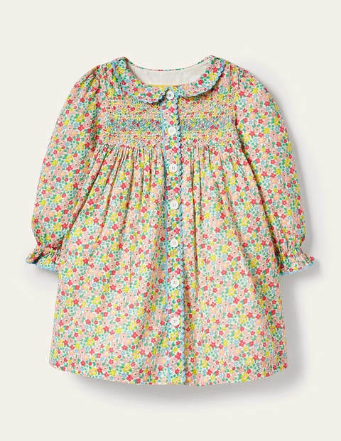Smokkleid mit Knopfleiste - Bunt, Frühlingsblumen Smokkleid mit Knopfleiste - Bunt, Frühlingsblumen