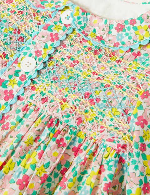 Smokkleid mit Knopfleiste - Bunt, Frühlingsblumen Smokkleid mit Knopfleiste - Bunt, Frühlingsblumen