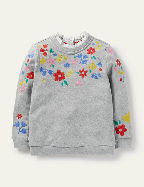 Sweatshirt mit Stickerei - Grau Meliert, Blumenmuster