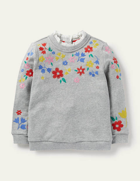 Sweatshirt mit Stickerei - Grau Meliert, Blumenmuster Sweatshirt mit Stickerei - Grau Meliert, Blumenmuster