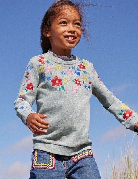Sweatshirt mit Stickerei - Grau Meliert, Blumenmuster Sweatshirt mit Stickerei - Grau Meliert, Blumenmuster