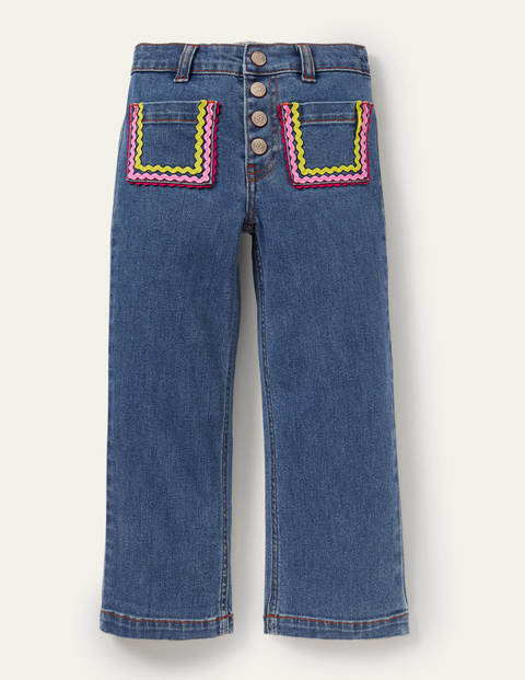 Jeans mit aufgesetzten Taschen und Zackenlitzen - Mittleres Vintageblau, Denim Jeans mit aufgesetzten Taschen und Zackenlitzen - Mittleres Vintageblau, Denim