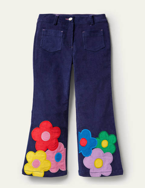 Pantalon en velours côtelé à fleurs - Bleu marine universitaire