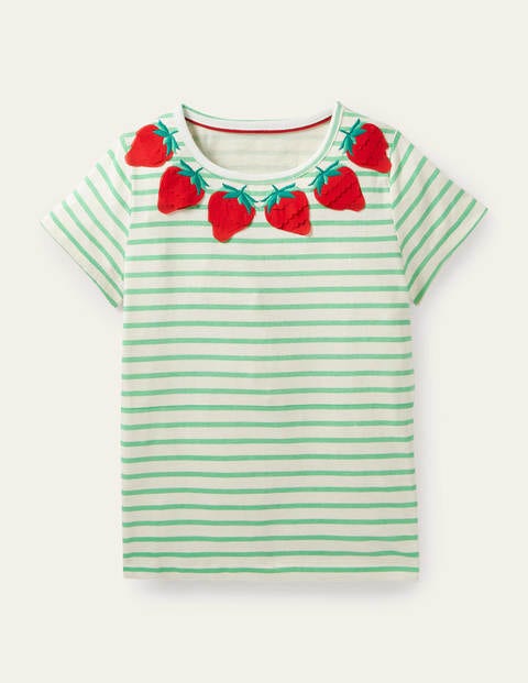Gestreiftes T-Shirt mit Motiv - Naturweiß/Aloe-Vera-Grün, Erdbeeren