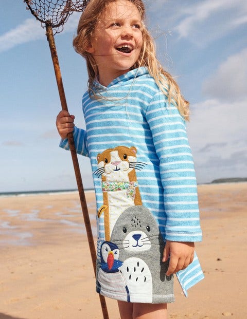 Frottee-Strandkleid mit Applikationen - Wasserblau/Naturweiß, Meeresfreunde