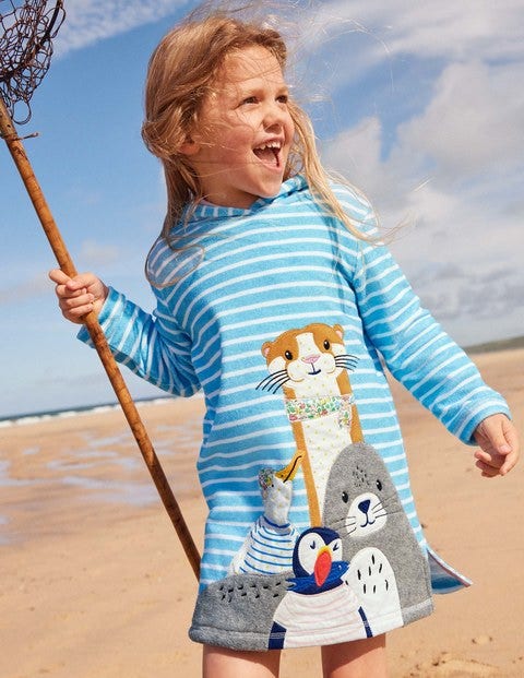 Frottee-Strandkleid mit Applikationen - Wasserblau/Naturweiß, Meeresfreunde