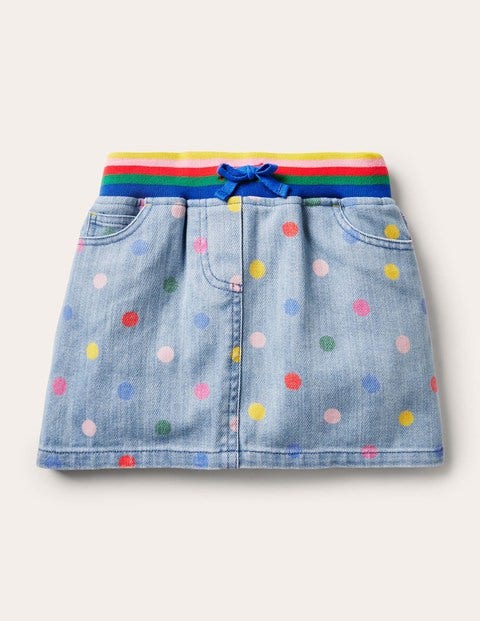 Denim-Rock mit Regenbogen-Rippung - Faux-Uni, Bunte Tupfen Denim-Rock mit Regenbogen-Rippung - Faux-Uni, Bunte Tupfen