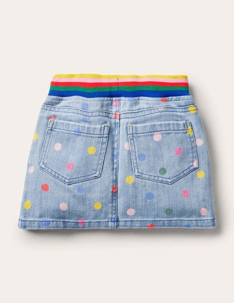 Denim-Rock mit Regenbogen-Rippung - Faux-Uni, Bunte Tupfen Denim-Rock mit Regenbogen-Rippung - Faux-Uni, Bunte Tupfen