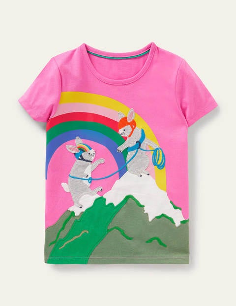 T-Shirt mit Abenteuerapplikation - Erdbeereisrosa, Bergszene