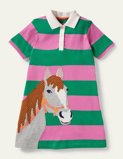 Applique Polo Dress Green Pepper/Pink Horse Boden
